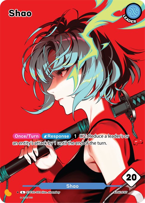 A trading card featuring an anime character named Shao with a 'LEADER' badge, displaying a red background with lightning effects, sword, and card stats including 'Once/Turn Response' and cost 20.