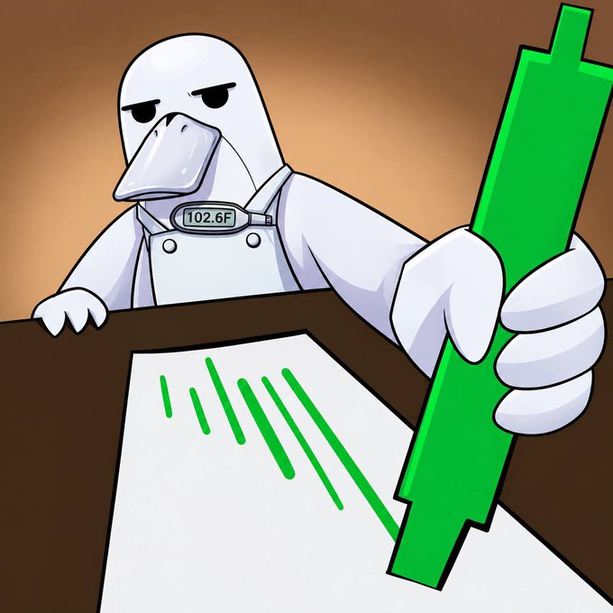 The image features a stern-looking duck wearing a chef's coat with a "102.6F" nametag, drawing a green upward trend line on a chart, symbolizing a bullish "NFT mint radar." This visually represents the post's curated watchlist of NFT projects, highlighting high-conviction mints like @YieldFields_RH's 3,333 founding deeds for an onchain farming game on Robinhood.