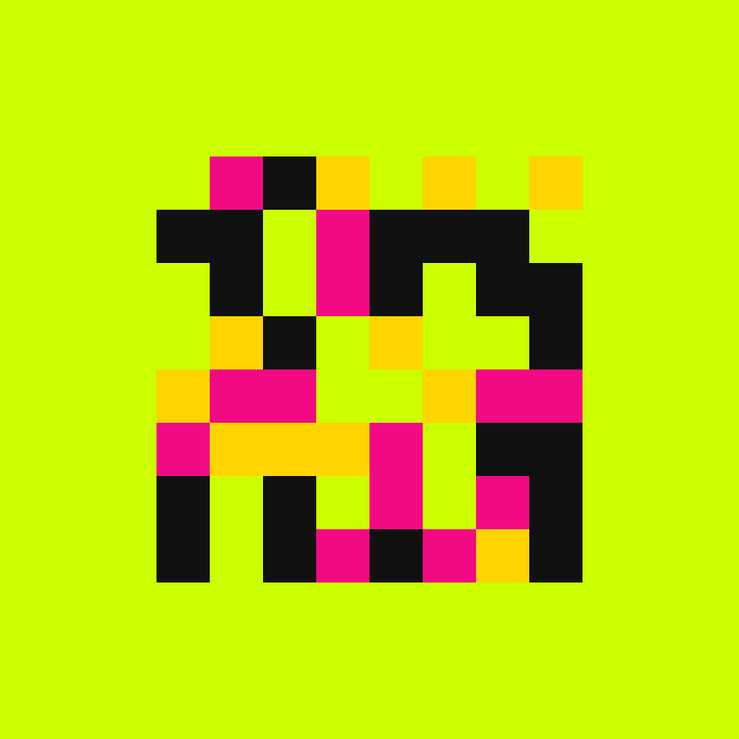 An abstract geometric design featuring black, pink, and yellow squares arranged in a pixelated pattern against a bright neon green background.