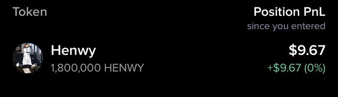 A portfolio screenshot showing a position of 1,800,000 HENWY tokens with a PnL of +$9.67 (0%) since entry, suggesting the user is displaying this as part of their calls for engagement on a post about a $150 investment.
