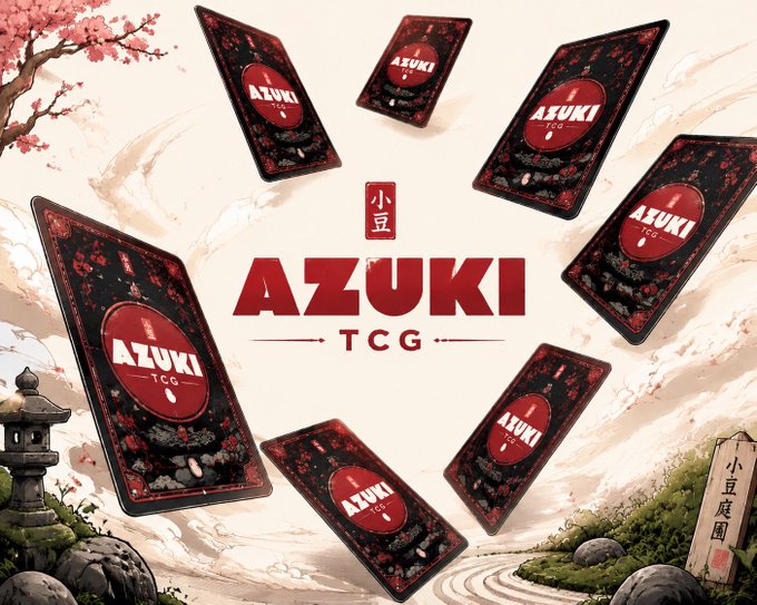 The image showcases a promotional design for "AZUKI TCG" featuring multiple red and black trading card designs with cherry blossom motifs arranged around the central "AZUKI TCG" logo and "小豆" (Azuki) kanji, set against a traditional Japanese landscape with cherry blossoms, a stone lantern, and zen garden elements—visually reinforcing the post's theme of Azuki's evolution from NFTs into physical trading card game products.