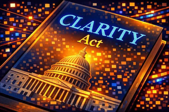 The image displays a stylized digital illustration featuring the U.S. Capitol building illuminated in gold beneath the glowing blue and yellow text "CLARITY Act," set against a vibrant backdrop of orange and blue pixelated squares. This ties to the post by visually framing the legislative and regulatory significance of Ripple's CLARITY Act-related progress and the Fed's looming 90-day deadline under Trump's directive.