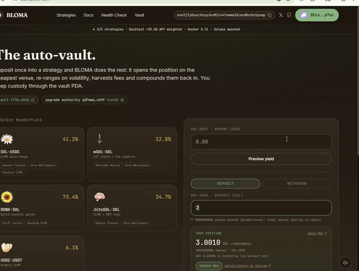 The image shows a screen of a user's bank account page with several options for making a deposit. There is an auto-vault form displayed which is open, indicating that the user has recently deposited funds into the auto-vault account. The post also mentions a strategy for using the auto-vault in trading cryptocurrencies such as sol-usdc-clmm and CU consumed. This indicates that the account owner might be involved in cryptocurrency trading or planning to do so in the future, utilizing this automated system to store their crypto assets securely.