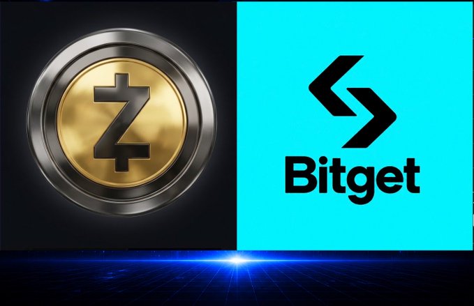 A graphic displaying the Zcash cryptocurrency coin logo next to the cyan Bitget exchange logo against a blue digital grid background.