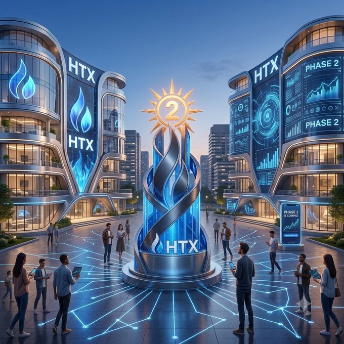 A futuristic city plaza scene showing modern buildings labeled 'HTX' and 'PHASE 2' with digital displays, while people gather around a central illuminated sculpture bearing the 'HTX' logo.