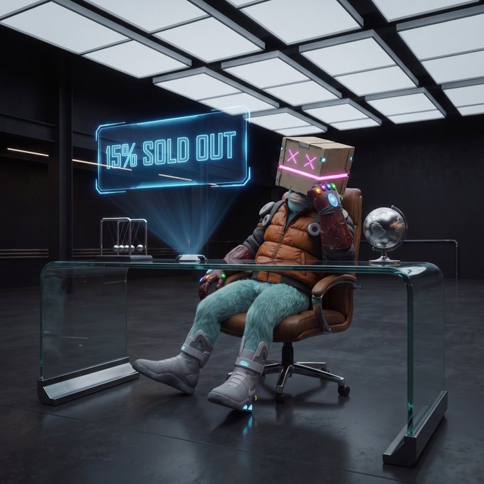 A 3D render of a character with a cardboard box head featuring 'X X' eyes, wearing an orange vest and blue furry pants, sitting at a desk with a holographic '15% SOLD OUT' sign.