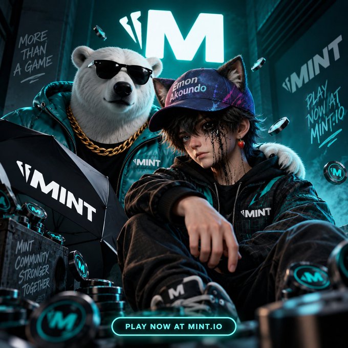 A promotional image for MINT featuring the polar bear mascot alongside an anime-style character wearing a purple cap, with the text 'PLAY NOW AT MINT.IO' and 'MINT COMMUNITY STRONGER TOGETHER'.