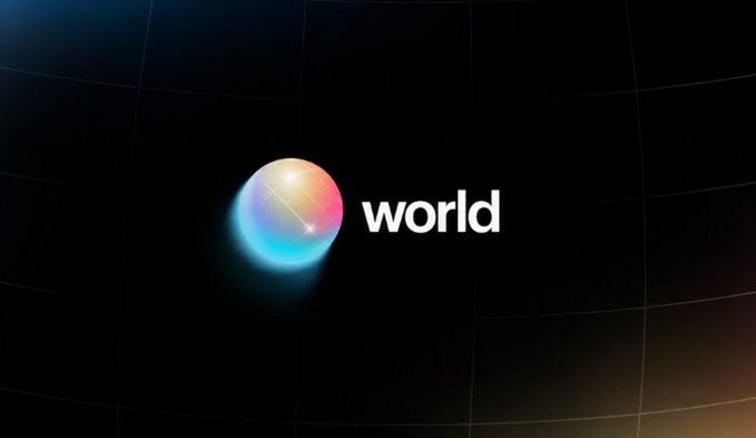 A dark screen displaying a colorful iridescent sphere logo with the text "world" beside it, resembling the Worldcoin branding.