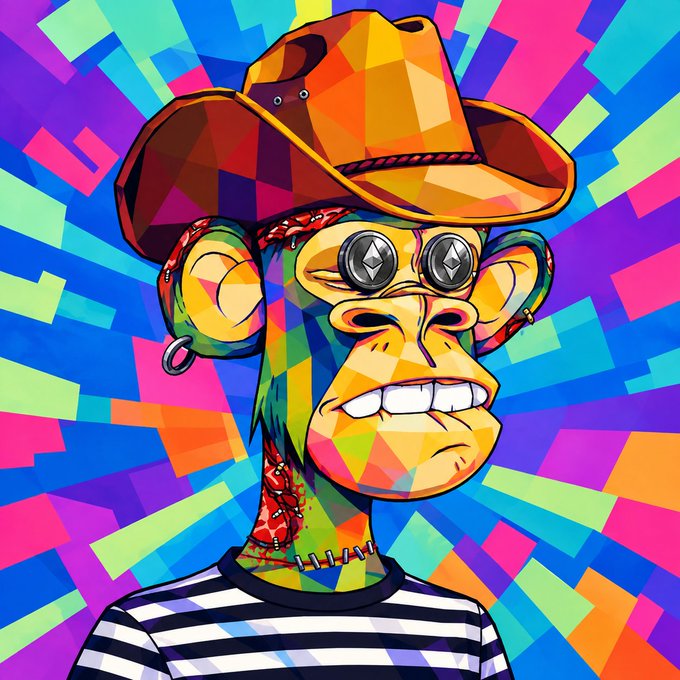 A colorful, geometric digital artwork of a Bored Ape-style monkey wearing a cowboy hat and striped shirt against a vibrant multi-colored background.