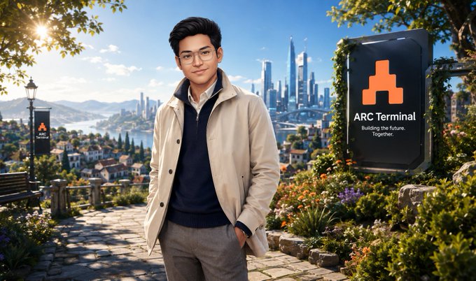 A man standing in front of a scenic city skyline next to a sign for "ARC Terminal" with the tagline "Building the future. Together."