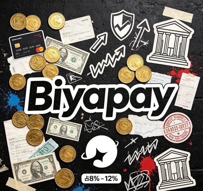 The image is a promotional collage for "Biyapay," a financial app, featuring scattered U.S. dollar bills, gold coins, a credit card, checks, and stamps against a dark, paint-splattered background. White line-art icons of a bank, security shield, rising graph, and globe emphasize financial security, trading, and global currency exchange, while bold text highlights an interest rate of "占8% - 12%." This visually supports the post's claim that Biyapay offers far more than just stock trading, showcasing its broader features in banking, payments, and secure global transactions.