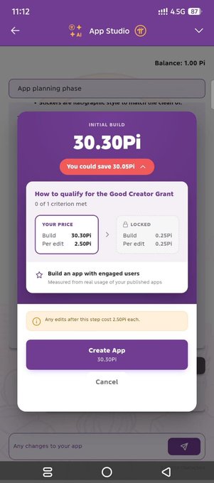 A pop-up in Pi Network's App Studio shows an "Initial Build" cost of 30.30 Pi, with a "Create App" button at the bottom. The accompanying post criticizes this pricing, contrasting the high cost of Pi's AI-powered app builder with the more affordable external AI tools it supports.