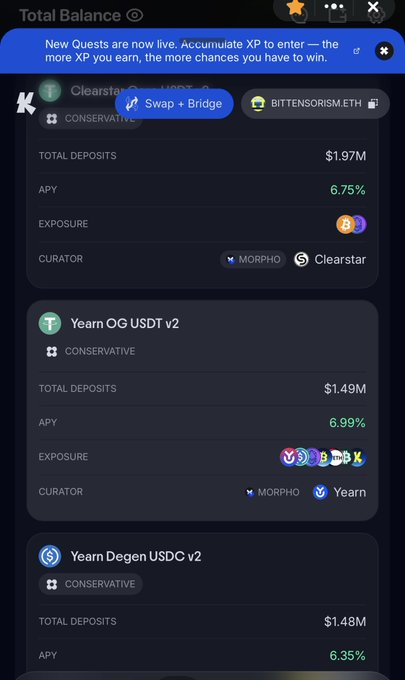 A screenshot of a crypto DeFi interface showing Total Balance with vault listings including Clearstar USDC ($1.97M, 6.75% APY), Yearn OG USDT v2, and Yearn Degen USDC v2.