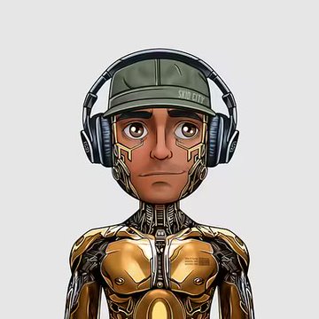 A digital illustration of a cyborg or robot character with a human face wearing a green cap labeled 'SOLANA' and large headphones, set against a gray background.