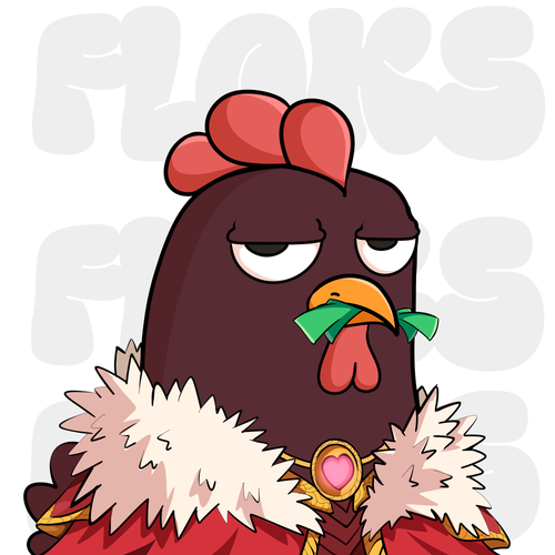 A 2D cartoon illustration of a smug-looking brown chicken wearing a regal red robe with a white fur collar and a heart-shaped gem, with the text 'COCKS C CKS' faintly visible in the background.