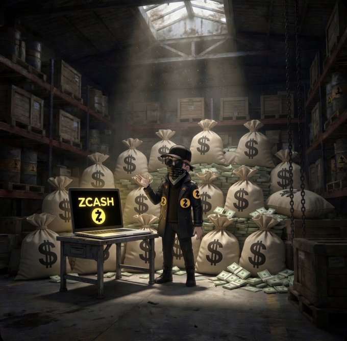 An illustrated scene of a masked figure in a bowler hat standing in a warehouse filled with money bags, gesturing toward a laptop displaying 'ZCASH' and the Zcash logo.