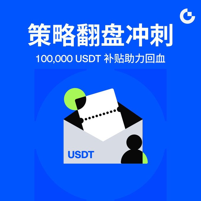 A blue promotional banner for Gate.io's "策略翻盘冲刺" (Strategy Reversal Sprint) featuring an illustration of an open envelope labeled "USDT" with a figure peeking out, promoting a 100,000 USDT subsidy fund alongside the campaign details about earning USDT rewards through bot trading activation.