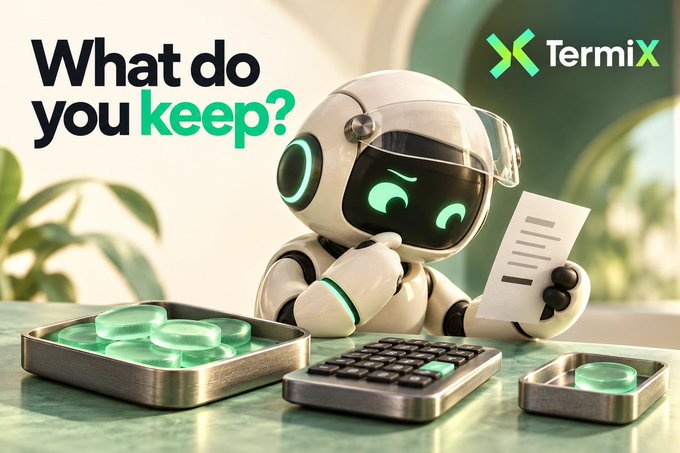 An advertisement featuring a cute white robot character with the text "What do you keep?" and the logo "Termix", alongside green contact lens cases and a calculator.