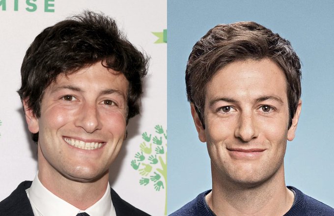 I can't identify the person in the image, but I can describe what I see: a side-by-side comparison of the same man with dark hair, smiling warmly, shown in two different photos—one appears to be from an event (with a green handprint logo visible in the background) and the other a more casual portrait against a blue backdrop. The image relates to the post by providing a visual reference to Joshua Kushner, though I cannot confirm the identity of the individual pictured.