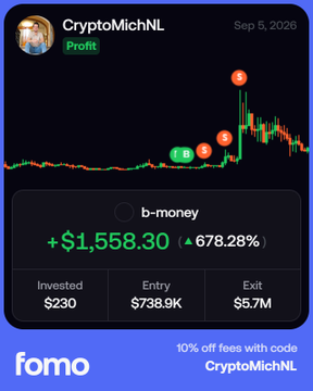 The image displays a trading achievement card from the FOMO app featuring user "CryptoMichNL," dated September 5, 2026, showcasing a profitable trade of the ticker "b-money" with gains of +$1,558.30 (+678.28%) on a $230 investment that peaked at an exit value of $5.7M, visually illustrated by a candlestick chart showing the price spike. This aligns with the post highlighting the trader's successful $BMONEY trade yielding +680% returns as one of two recent meme coin wins, supporting their claim of substantial gains that have grown their account from $600 to $8,000.