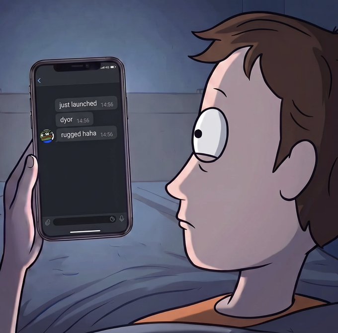 A cartoon illustration of a wide-eyed person in bed looking at a smartphone displaying chat messages that read 'just launched', 'dyor', and 'rugged haha' all timestamped 14:56.