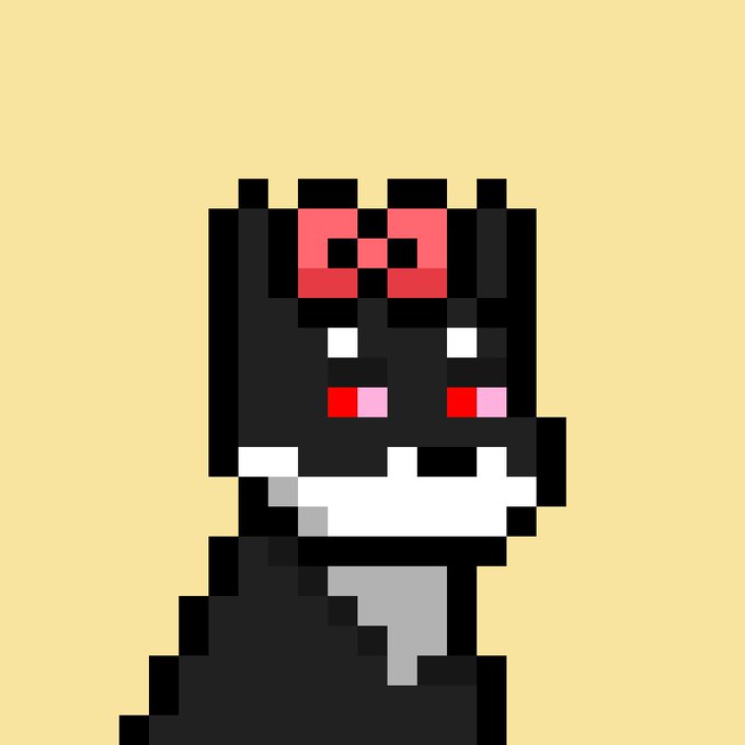 A pixel art illustration of a black character with a red bow, white teeth, and pink cheeks against a tan background.