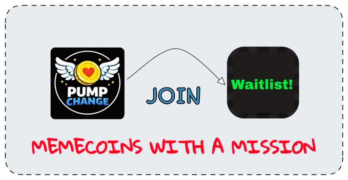 A graphic showing a "PUMP CHANGE" logo with an arrow pointing to a "Waitlist!" button, with the tagline "MEMECOINS WITH A MISSION" in red text.