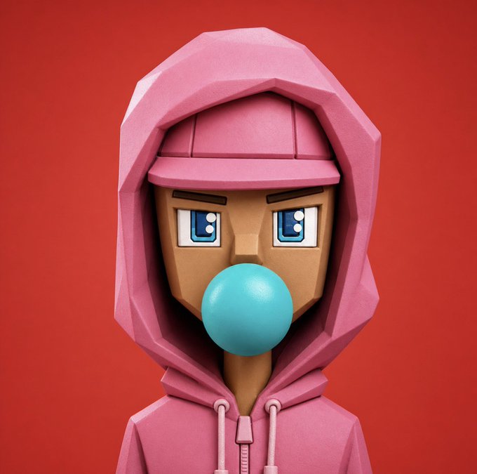 The image features a cartoon character wearing a pink hoodie, with blue eyes and a face, and a blue bubble gum stuck in their mouth. The character appears to be a boy or a girl, depending on the interpretation of the viewer. The image is accompanied by text that reads "every PEEP is a 1 of 1. x pfp, opensea grail, popular collection, random internet face, doesn't matter. each one gets interpreted through the PEEPS system and comes out as its own character. some need manual touch-ups. some take countless renders." This suggests that the image may be related to a discussion or analysis of the cartoon character's design or features, possibly in an art or design context.
