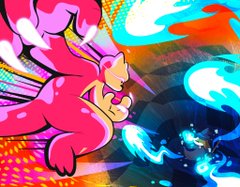 A vibrant abstract digital artwork featuring a pink stylized character amid swirling cyan, orange, and purple cosmic energy.