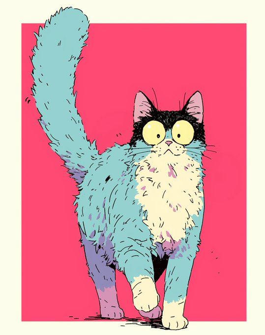 A whimsical cartoon illustration features a fluffy turquoise cat with a black-masked face, oversized yellow eyes, and a tall bushy tail standing against a vibrant pink background, fitting the playful "Neko Pop 2" art style. The bold pop-art aesthetic with its bright colors and stylized character design complements the tweet's showcase of this digital artwork owned by @DizzleSocial.