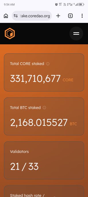 Mobile screenshot of stake.coredao.org showing 331,710,677 CORE staked, 2,168.015527 BTC staked, and 21/33 validators.