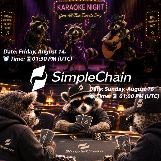 An event poster for 'SimpleChain' features anthropomorphic raccoons at a karaoke stage on Friday, August 14 at 01:30 PM (UTC) and at a poker table on Sunday, August 16 at 01:00 PM (UTC).