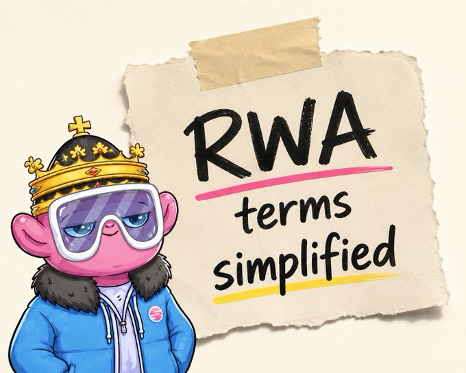 A cartoon pink monkey wearing a crown, ski goggles, and a blue jacket next to a taped note reading 'RWA terms simplified'.