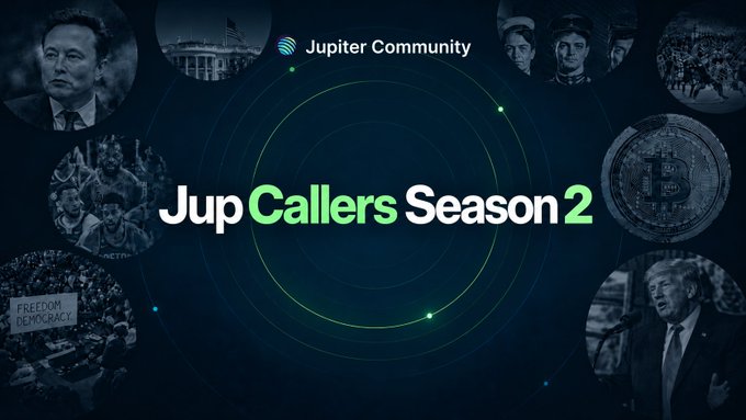 Promotional graphic for 'JupCallers Season 2' by the Jupiter Community, featuring circular images of notable figures including Elon Musk, Donald Trump, and Bitcoin imagery surrounding a central logo.