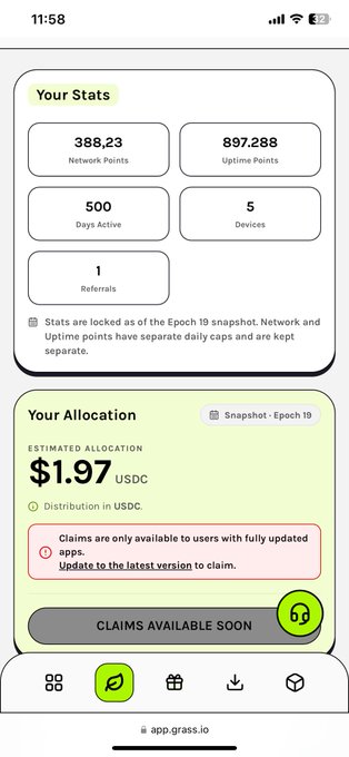 A mobile screenshot of the Grass app showing user stats including 388,23 Network Points, 897,288 Uptime Points, 500 Days Active, and an estimated allocation of $1.97 USDC.