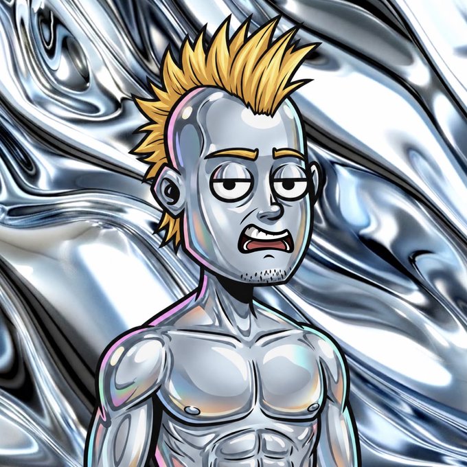 A cartoon character featuring spiky blonde hair, stubble, and a muscular chrome body stares wide-eyed with a shocked expression against a swirling metallic background. The image illustrates the "WALL3T CH3CK3R IS LIV3" post, using the metallic aesthetic to emphasize the wallet-checking crypto tool's launch on OpenSea via the Robinhood chain.