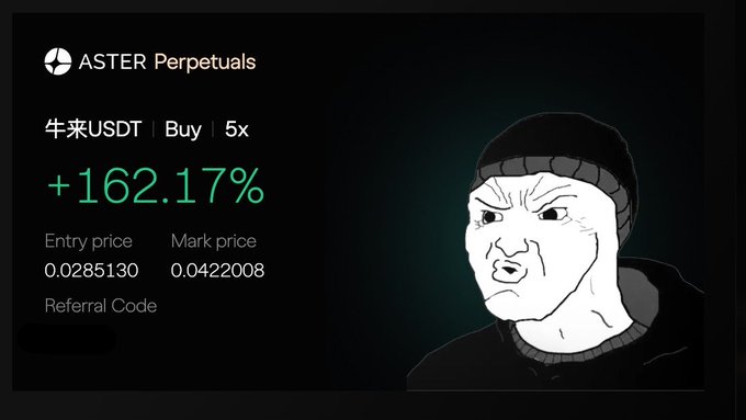 The image shows an ASTER Perpetuals trading position for 牛来USDT (Buy, 5x leverage) with a profit of +162.17%, featuring an entry price of 0.0285130 and mark price of 0.0422008, alongside a skeptical/confused wojak meme character—visually emphasizing the trader's disbelief at their substantial gains, which ties to the post's bragging about making +$22k from trading perps in 2 days.