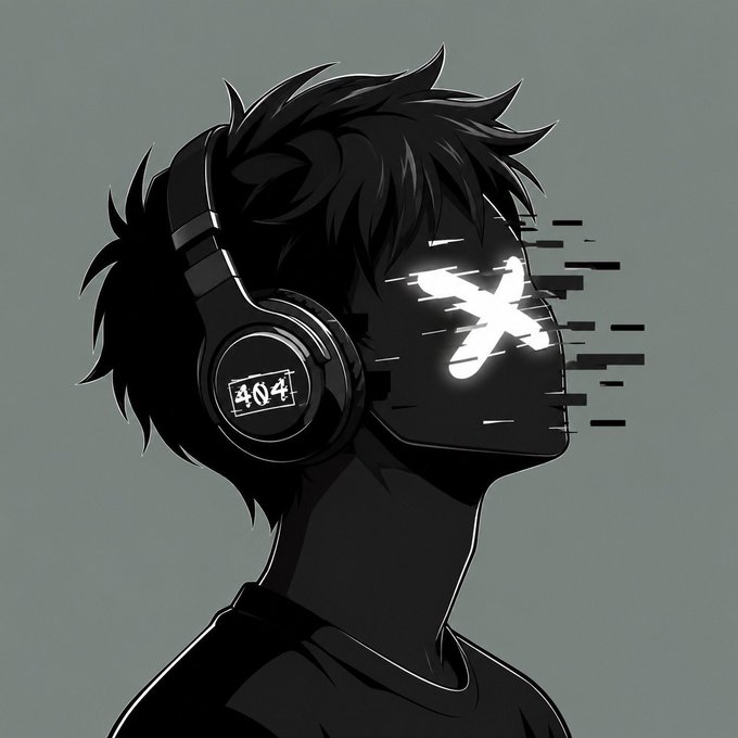 Stylized black silhouette illustration of a person wearing headphones labeled "404" with a glitching white "X" over the face area.