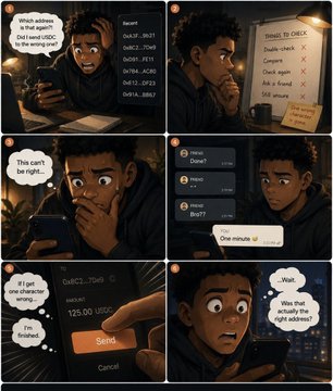 A comic strip shows a young man checking USDT/USDC exchange rates and sending 125 USDC to an address, realizing too late it's the wrong address.