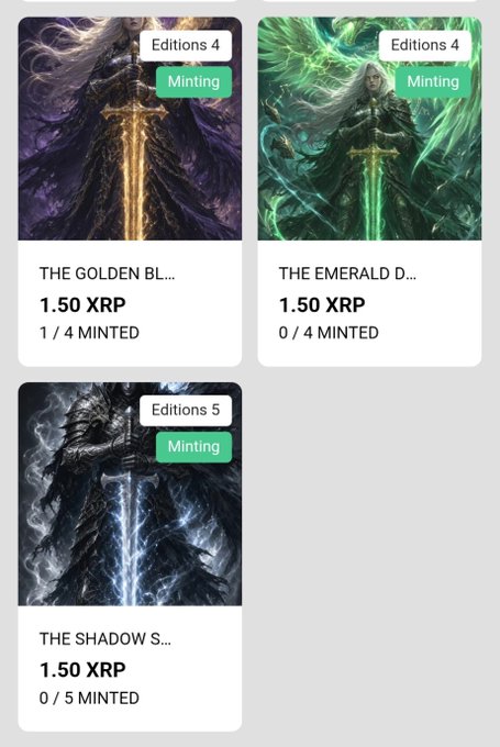Three NFT listings titled 'THE GOLDEN BL...', 'THE EMERALD D...', and 'THE SHADOW S...' priced at 1.50 XRP each, displayed with 'Minting' status tags in the top right corner.