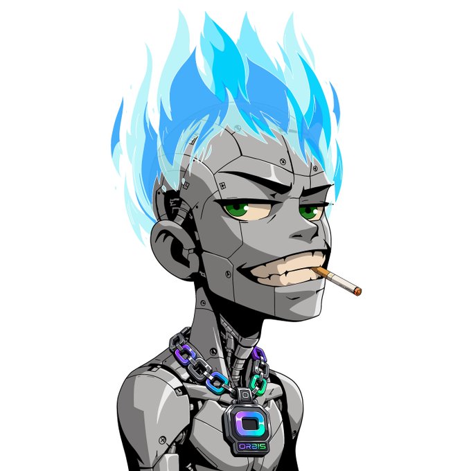 A digital illustration of a robotic character with blue flame hair, green eyes, smoking a cigarette, wearing an ORBIS chain on a white background.