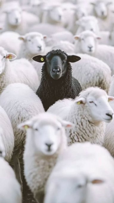 The image features a large herd of sheep, with some white and black sheep standing together. Among them, there's one black sheep that stands out from the rest due to its unique coloration. The black sheep appears to be looking directly at the camera, while the other sheep are scattered throughout the scene. This image captures the essence of resilience in the face of challenges or adversity, as it shows a single individual who remains unbothered by their surroundings and continues to look straight ahead despite being surrounded by others.