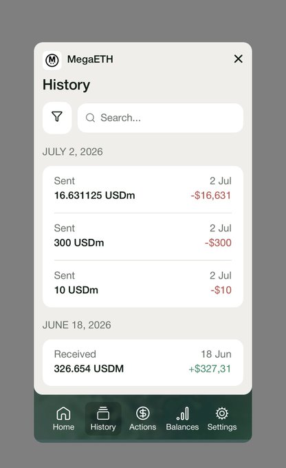 A MegaETH app transaction history screen showing sent and received USDm transactions from July 2, 2026 and June 18, 2026, with a navigation bar at the bottom.