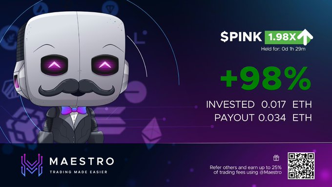 An advertisement for the Maestro crypto trading bot shows a +98% gain on a $PINK token investment of 0.017 ETH yielding 0.034 ETH payout, with the tagline 'TRADING MADE EASIER' and a QR code referral offer.