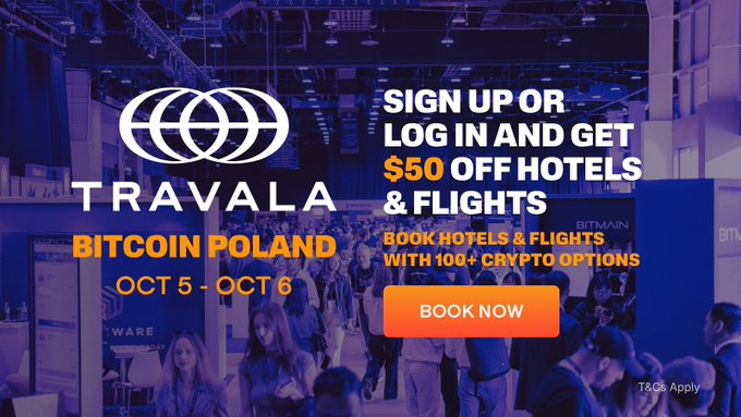 A TRAVALA promotional banner for Bitcoin Poland, advertising “$50 OFF HOTELS & FLIGHTS,” bookings with 100+ crypto options, and an orange “BOOK NOW” button.
