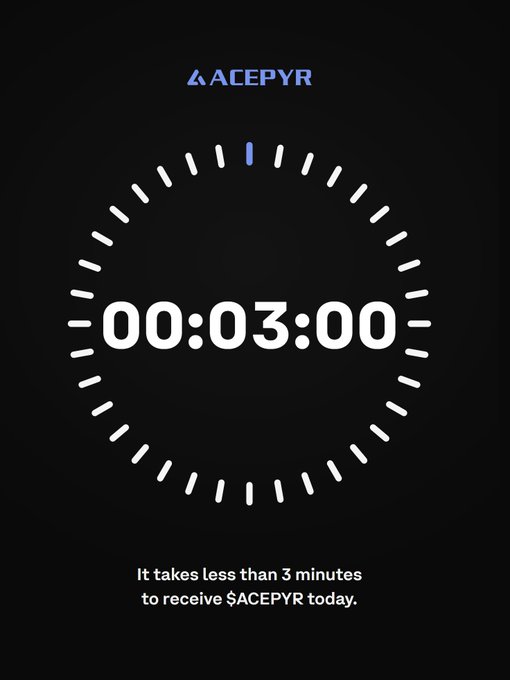 The image shows a black promotional graphic for "ACEPYR" featuring a stylized clock face with tick marks and a digital countdown reading "00:03:00," accompanied by the text "It takes less than 3 minutes to receive $ACEPYR today." It visually reinforces the post's claim that earning $ACEPYR is quick and free, emphasizing the minimal time commitment (under 3 minutes) needed after signing up and joining their Discord.