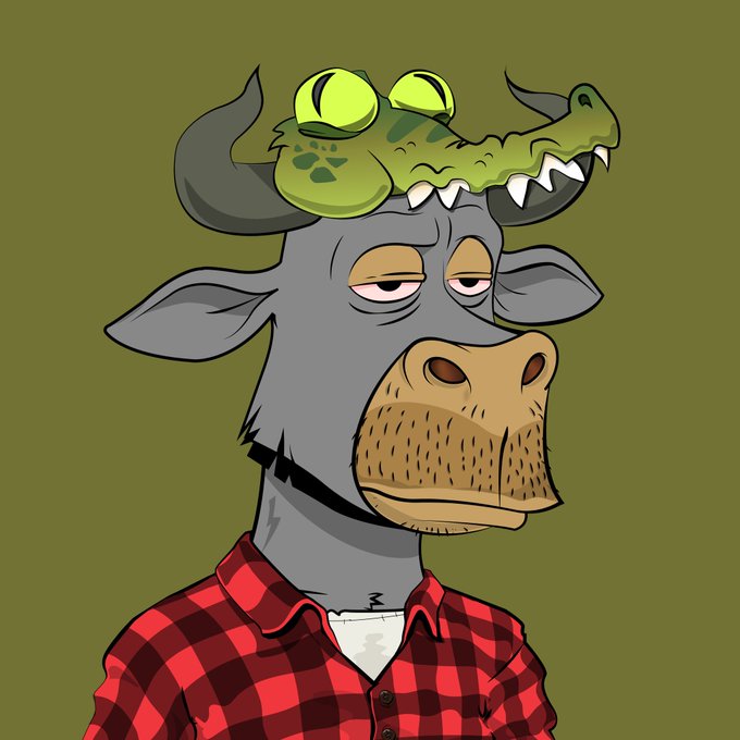 A digital illustration of a tired-looking gray water buffalo wearing a red plaid shirt, with a green crocodile resting on top of its head.