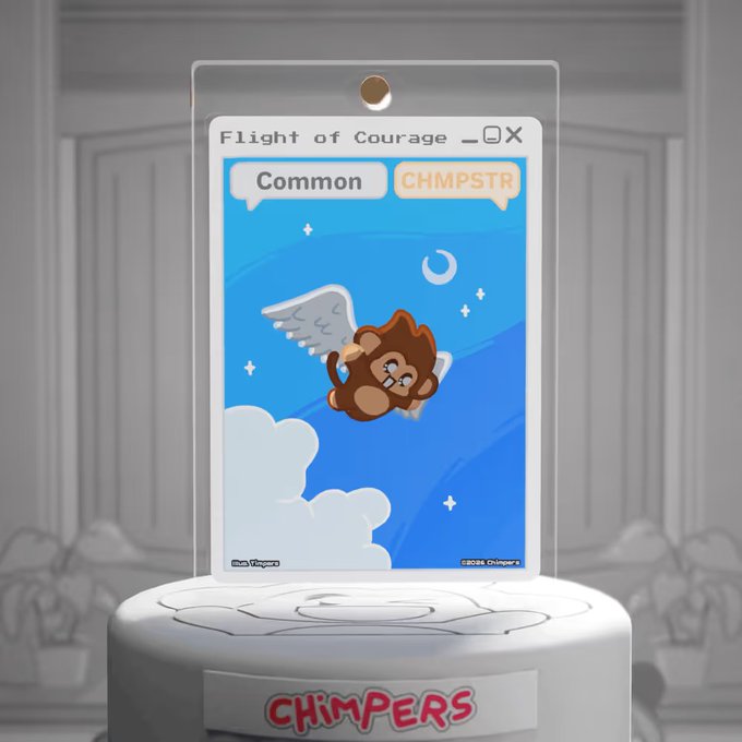 A Chimpers NFT trading card titled "Flight of Courage" featuring a winged chimp flying through a blue, starry sky is displayed in a clear protective case on a white pedestal. The card is labeled "Common" and "CHMPSTR," with the caption noting it sold for 600 APE (~$79) by dkhol.eth (0xa27b...8696), aligning with the image by showcasing the specific collectible NFT from the recent transaction.