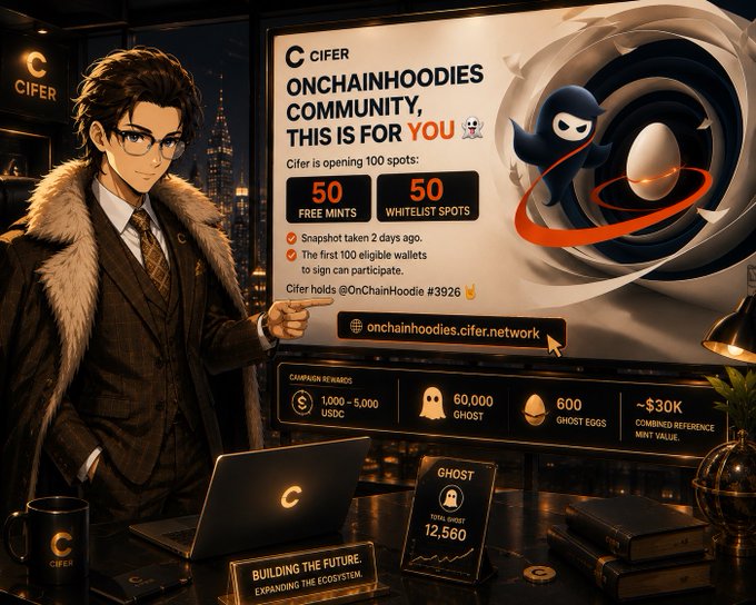 An anime-style character in a fur-lined coat points to a presentation board advertising "CIFER ONCHAINHOODIES COMMUNITY, THIS IS FOR YOU" with 50 free mints and 50 whitelist spots, alongside crypto rewards including 60,000 GHOST tokens.