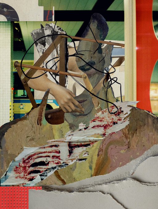 A surreal mixed-media collage featuring a sculpted hand, wooden frame elements, wire, and abstract painted forms with red and blue textures layered against a fragmented background.